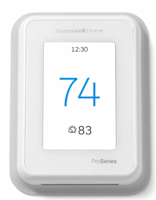 Honeywell Home Thermostat that displays a time of day, the room temperature and the outside forecast in degrees Fahrenheit.