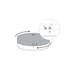 Illustration showing to reattach the back cover by twisting until the line matches up with the lock icon.
