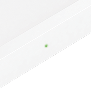 A square white power pack with a small green LED light on the side panel on for five seconds and the word "ring" in the top corner.