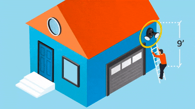 Animation of a neighbor installing a Floodlight Camera on an exterior wall at the recommended mounting height.