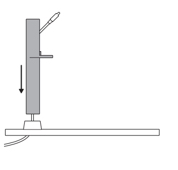 Illustration of the Candy Cam mounting arm with the USB power cable coming out of the top and an arrow pointing down showing attaching to the base.