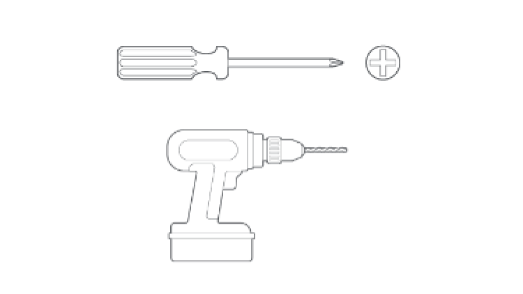 Illustration of a mounting screws, a cross point screw driver and a battery powered drill to be used for installation.