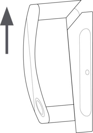 An arrow pointing up to show how to remove the back cover of the Motion Detector (2nd Generation) to replace the batteries. 