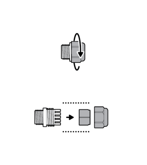 Illustration to show unscrewing the cap of the cable gland from the body.