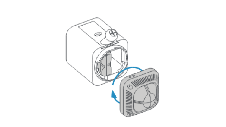 Image of Spotlight Cam with battery cover removed and blue arrow circling clockwise showing direction to twist cover to replace.