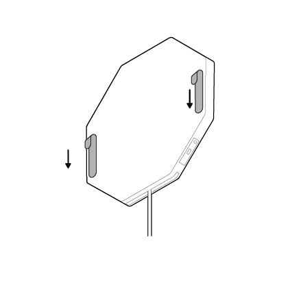 Illustration of peeling adhesive off the front of the Ring Indoor Illuminated Sign and pressing it onto glass.