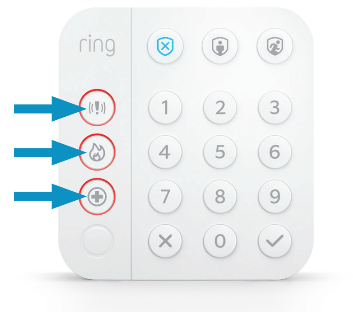 Ring Alarm Keypad (2nd Gen) showing the 3 panic buttons on the front left side (Police, Fire or Medical).