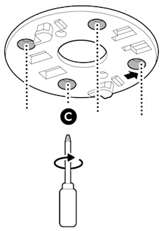 An illustration of the mounting plate being installed on a ceiling using the included screws, labeled C.
