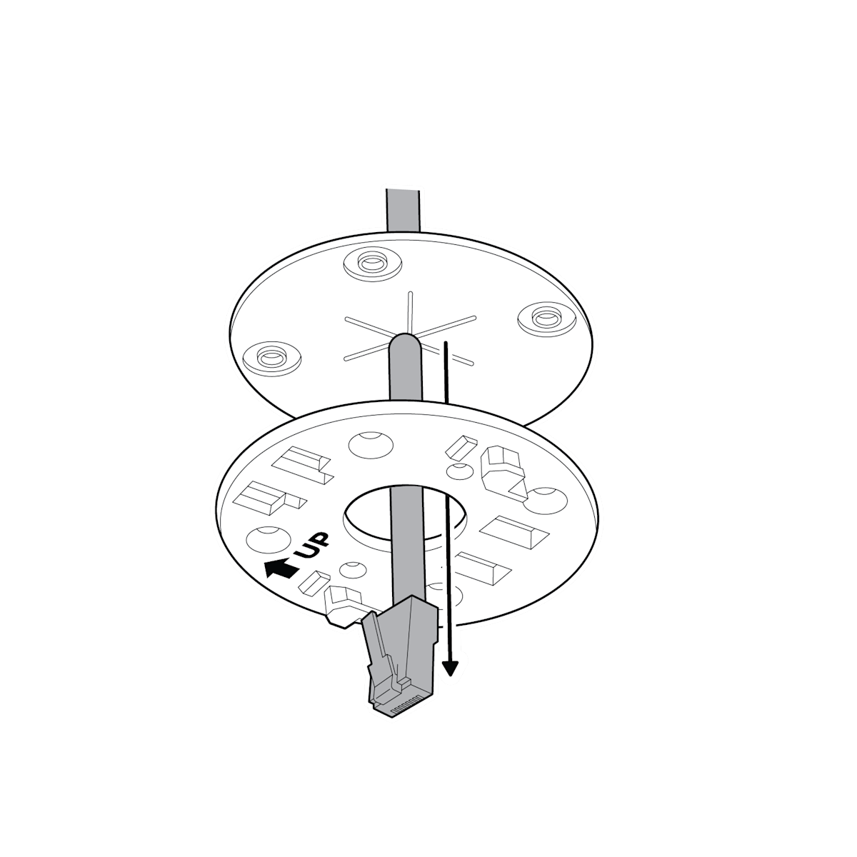 Camera mounting plate facing downward with an Ethernet cable and an arrow pointing down away from a white circle grommet behind it. 