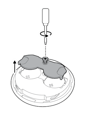 Illustration to show using a screwdriver to remove the battery security plate.