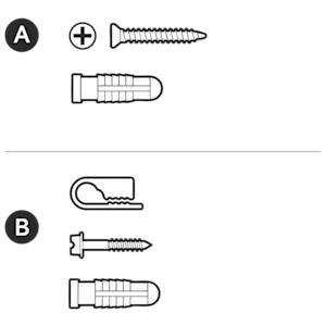 An illustration of a screw, a screw head with a plus, and an anchor labeled with an "A"; and a clip, a smaller screw, and an anchor labeled with "B" representing hardware included.