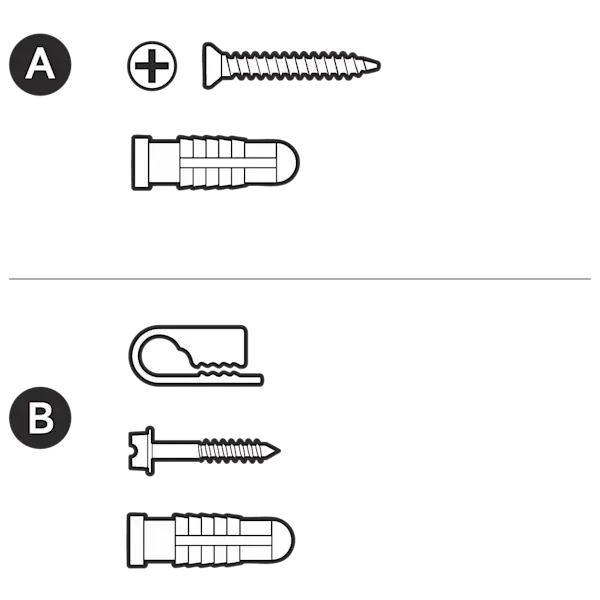 An illustration of a screw, a screw head with a plus, and an anchor labeled with an "A"; and a clip, a smaller screw, and an anchor labeled with "B" representing hardware included.
