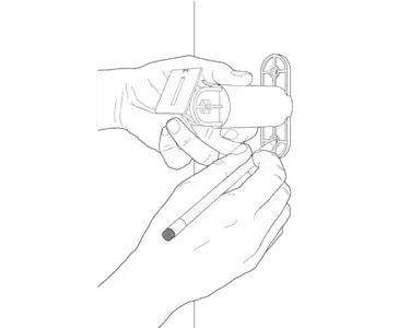 Illustration of a hand holding a mounting arm on a wall and using it as a template to mark the holes for installation. with a pencil.
