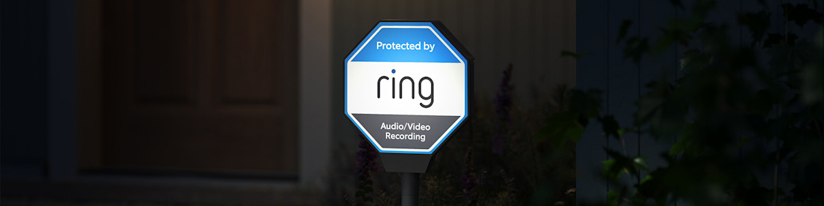 Image of the Ring Beacon illuminated with white light at night time.