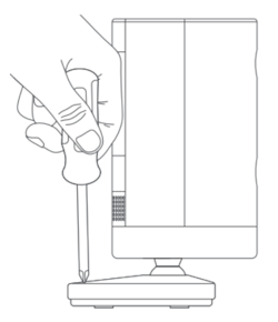 Illustration of how to access the security screw located on the base of the Outdoor Cam when the camera is mounted on a flat surface. 