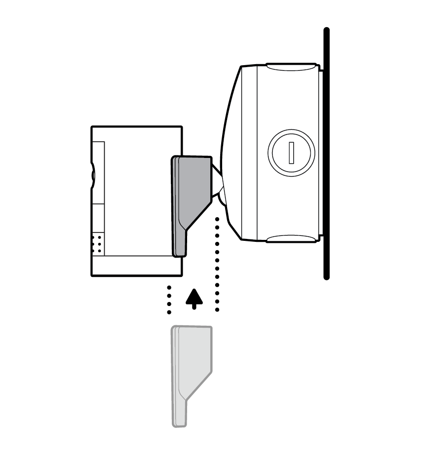 Illustration of camera with arrow pointing up showing the camera sliding up to secure it into place until it clicks.