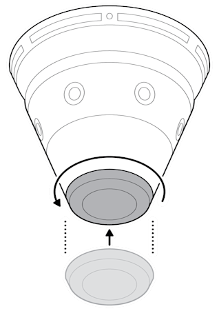 An illustration of the cable cover being secured on the bottom of the camera by rotating it counter-clockwise.