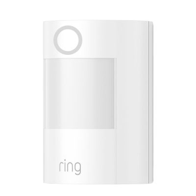 A motion detector with a blue circular light at the top on for 30 seconds and the word "ring" on the bottom.