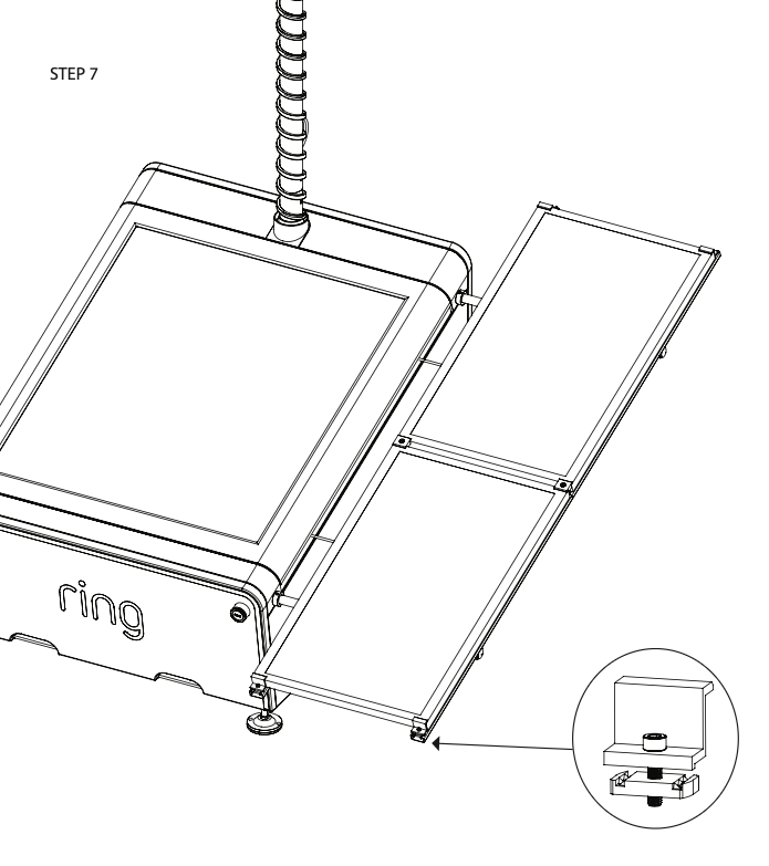 An illustration of the end-clamps being installed onto the rails of the Mobile Security Tower with screws.