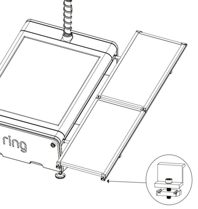 An illustration of the end-clamps being installed onto the rails of the Mobile Security Tower with screws.