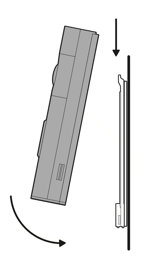 Illustration showing to mount the doorbell by hooking it over the bracket. 