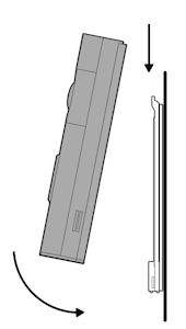 Illustration showing to mount the doorbell by hooking it over the bracket. 