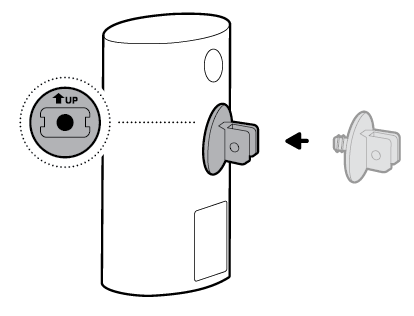 Illustration to show tightening the hex joint onto the back of the camera, with the UP indicator pointing up.