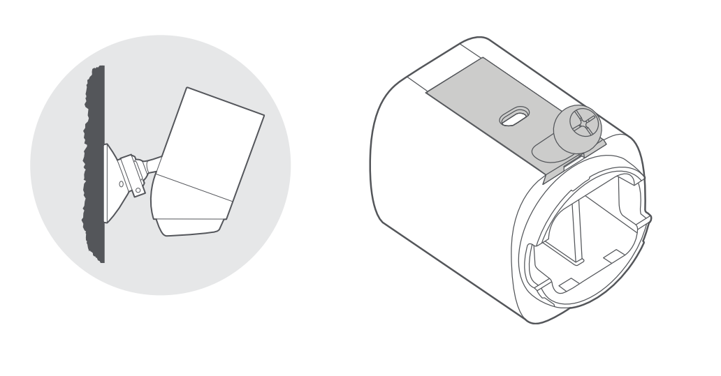 Illustration showing the Spotlight Cam Pro or Plus being installed on a wall with the ball joint facing down. 