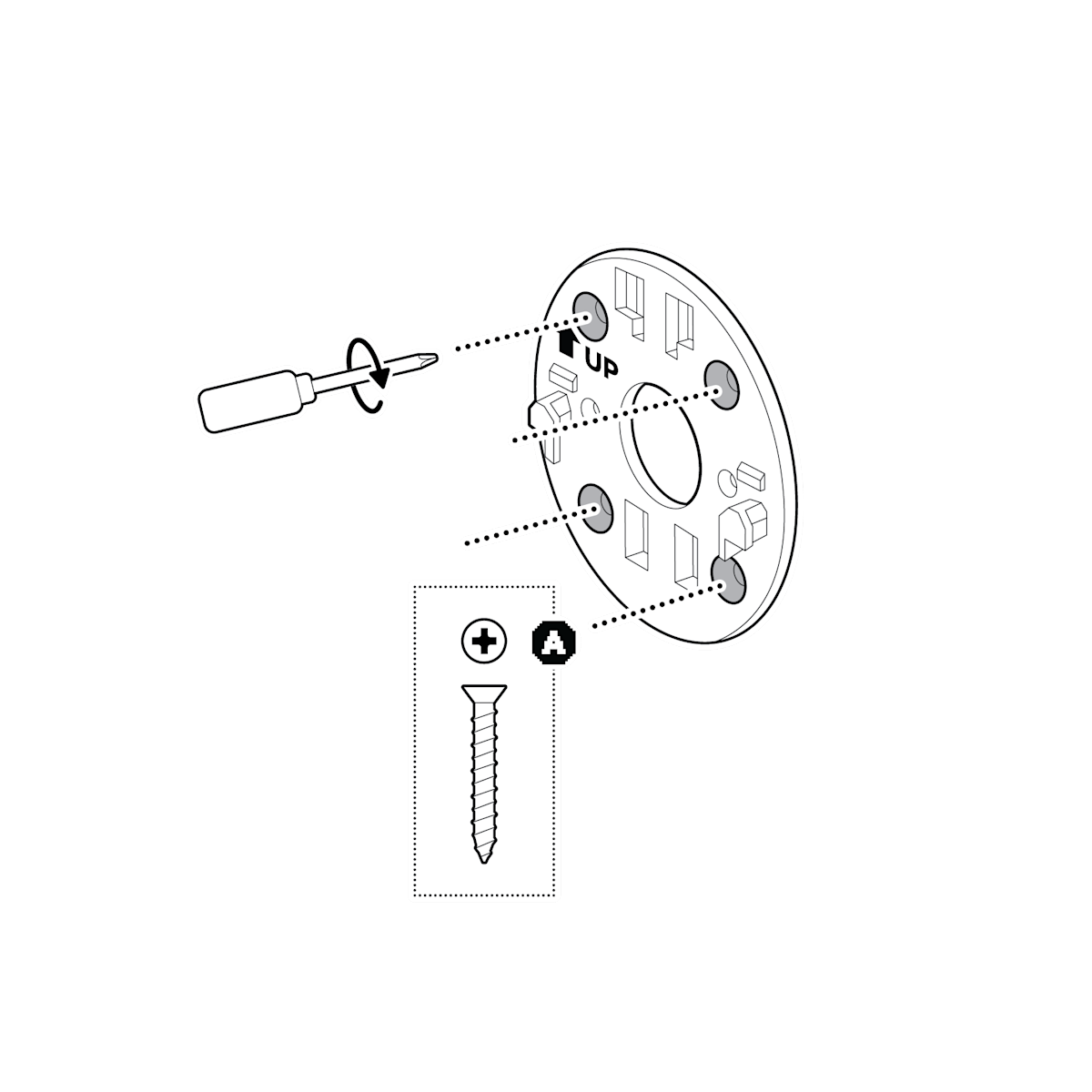 Screwdriver and screw with arrows to install mounting bracket pointing up with the up arrow