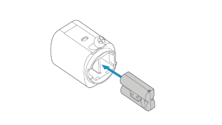 Illustration showing how to insert the Battery Pack into the Camera until it clicks.