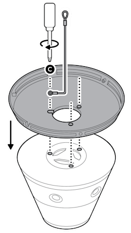 An illustration of the mount cover and safety strap being installed, using a mount cover screw labeled C to secure the strap.