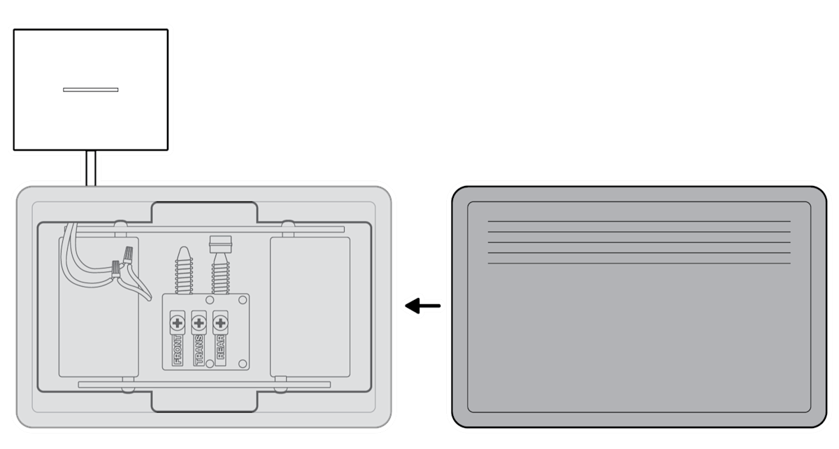 Diagram showing an in home chime kit and Chime Kit mini connection with an arrow that indicates the reattachment of the chime cover. 