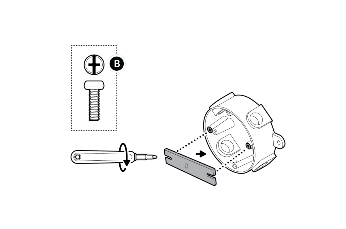Illustration to show aligning the mounting bracket with the junction box, ensuring the FRONT faces outward, and attach using the included screws.
