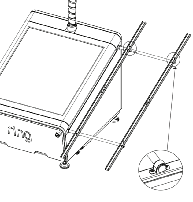 An illustration of the joined rails being mounted to the aluminum tubes on the Mobile Security Tower.