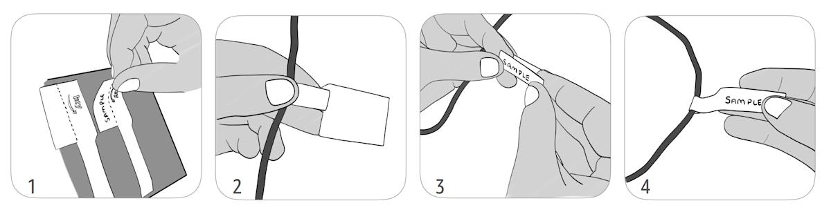 Four-panel illustration showing hands tearing a sample label into pieces to attach to each cable as a label. 