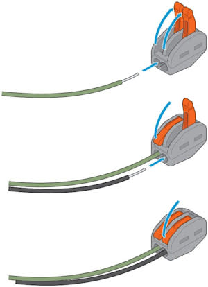 Illustration of Pro Power Kit V1 with blue arrows curving up showing where to insert the wires to connect to the orange wire clips. 