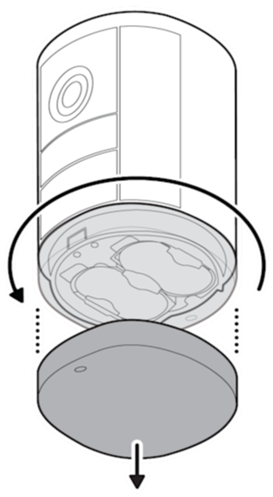 An example of the battery cover on the bottom of the device being turned counter-clockwise and removed.