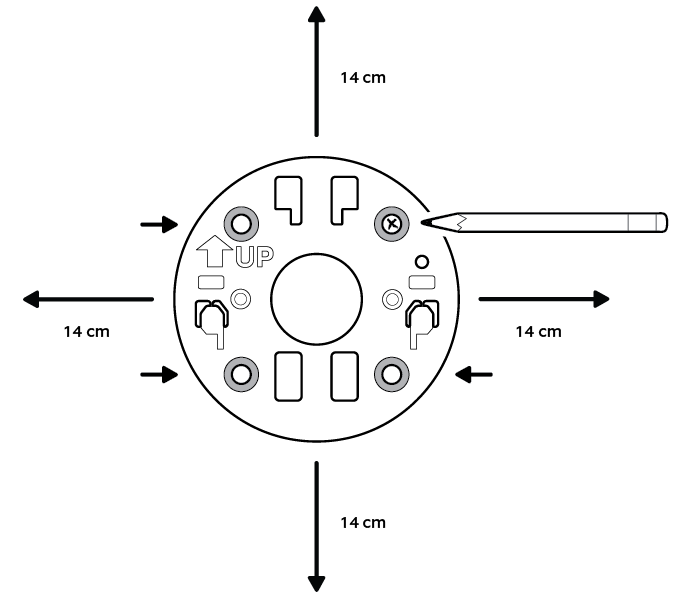 Illustration showing a pencil marking the installation holes using the mounting plate as a guide.