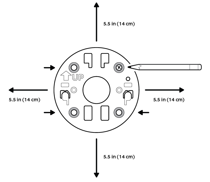 Illustration showing a pencil marking the installation holes using the mounting plate as a guide.