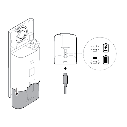 Illustration of removing and charging the battery on the Peephole Cam 2K.