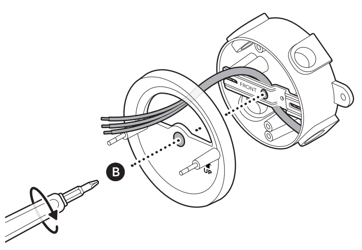 Illustration of how to feed the wires over the metal mounting bracket, through the mounting plate, and attach with the included screw