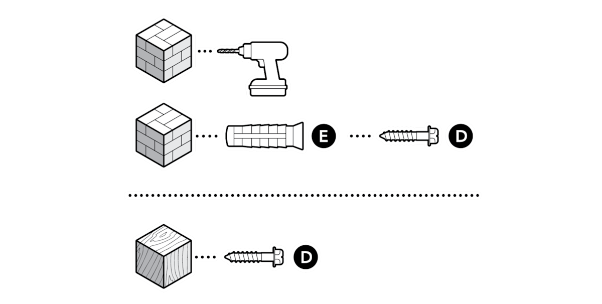 Drill with screws and dashed line showing how to install the installation hardware