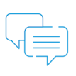 An illustration of a blue quotation bubble with 3 lines in it and an empty quotation bubble representing chatting with support.