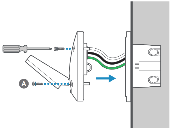 Illustration showing to stuff the wires gently into the junction box and screw in the adapter plate with 4 screws with o-rings.