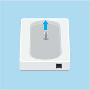 Illustration of Intercom with a blue arrow pointing up from a screw showing how to remove the front cover of if it is secured with a screw.