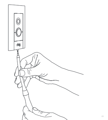 Illustration of a doorbell with a hand holding a screwdriver under the it, showing how to tighten the security screw.
