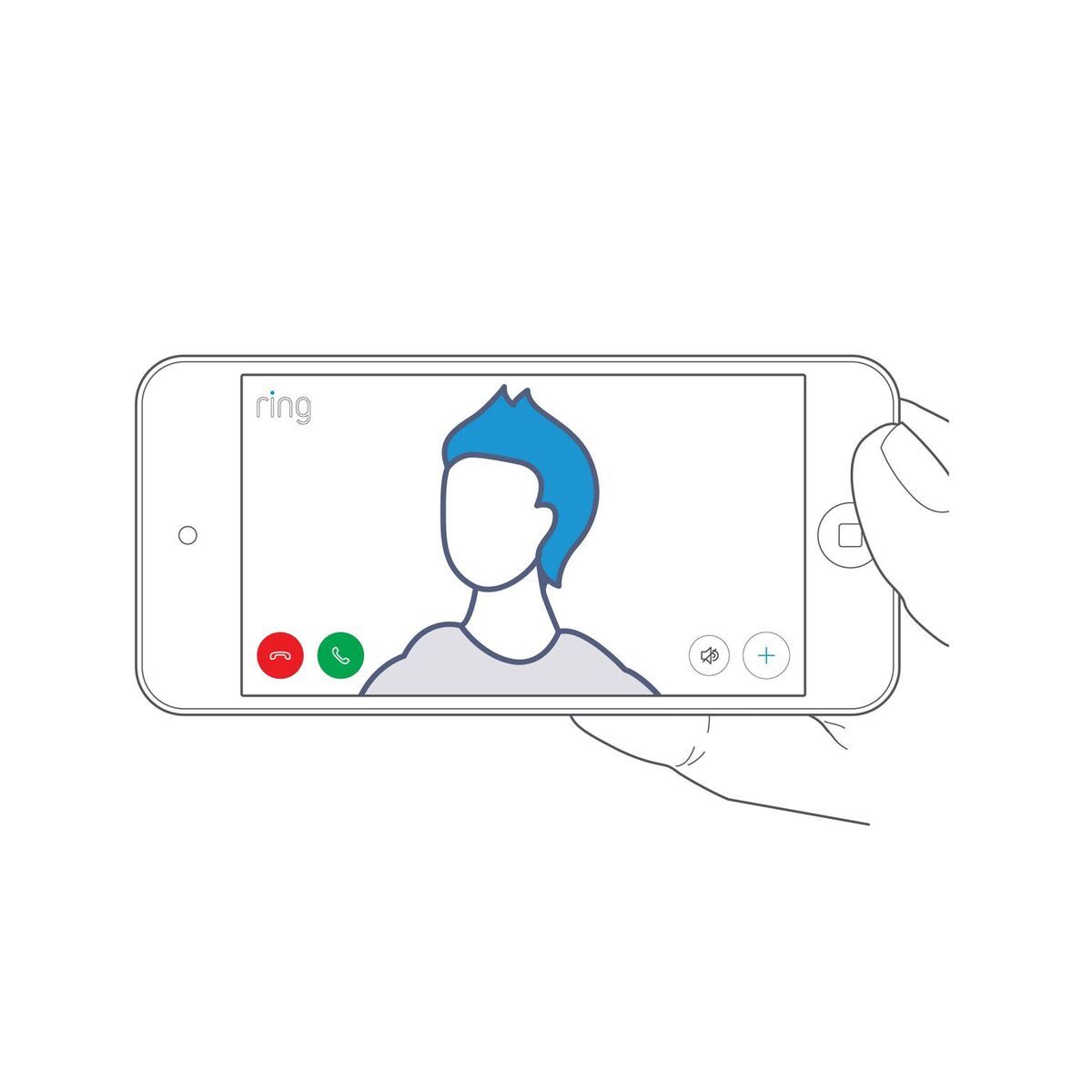 Illustration of hands holding a smartphone in landscape view, displaying a live video in the Ring app with an animated figure in frame and call controls.