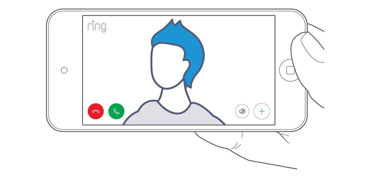 Illustration of hands holding a smartphone in landscape view, displaying a live video in the Ring app with an animated figure in frame and call controls.