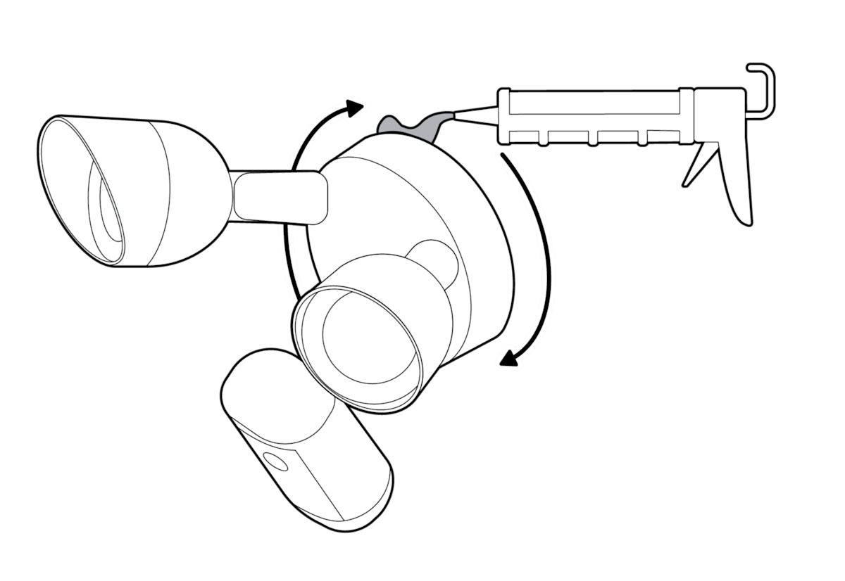 Illustration to show applying caulk or sealant around the perimeter of the lighting fixture to seal any gaps between the lighting fixture and the mounting surface.