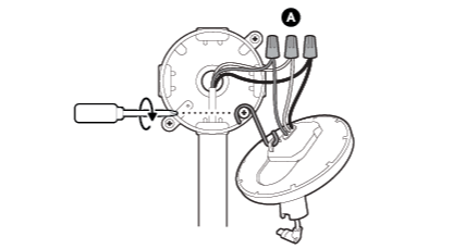 Technical diagram showing a screwdriver with rotating arrows and three wire connections labelled A